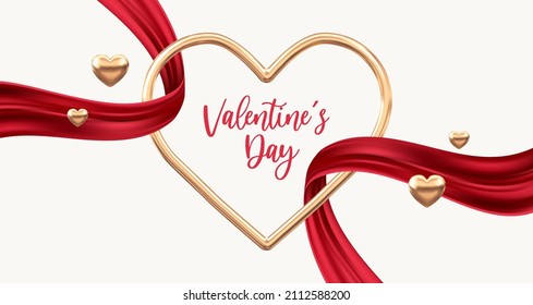 Golden heart frame with elegant red ribbon. Romantic and love background. Valentine's Day Holiday theme. Vector illustration.