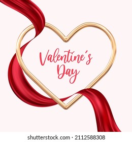 Golden heart frame with elegant red ribbon. Romantic and love background. Valentine's Day Holiday theme. Vector illustration.