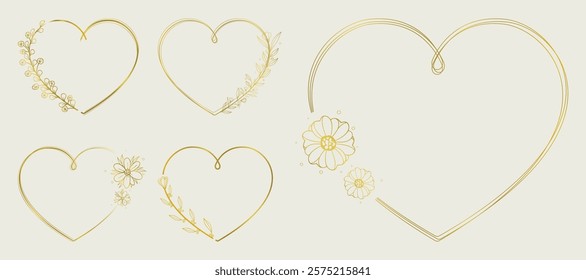Golden Heart Frames Collection: Hand-Drawn Rustic Floral Wreaths and Realistic Metal Designs for Valentine’s Day, Wedding Invitations, Greeting Cards, and Holiday Postcards. Romantic Love