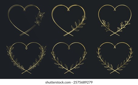 Golden Heart Frames Collection: Hand-Drawn Rustic Floral Wreaths and Realistic Metal Designs for Valentine’s Day, Wedding Invitations, Greeting Cards, and Holiday Postcards. Romantic Love