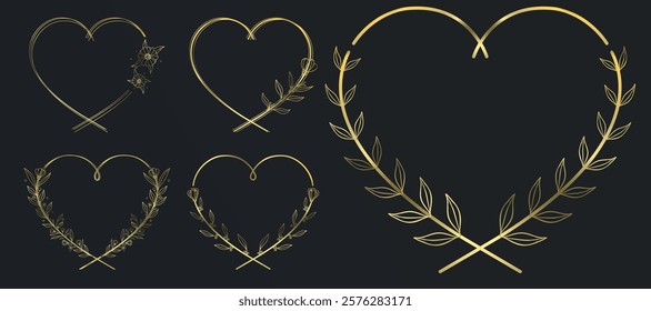 Golden Heart Frames Collection: Hand-Drawn Rustic Floral Wreaths and Realistic Metal Designs for Valentine’s Day, Wedding Invitations, Greeting Cards, and Holiday Postcards. Romantic Love