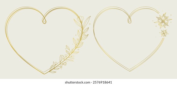 Golden Heart Frames Collection: Hand-Drawn Rustic Floral Wreaths and Realistic Metal Designs for Valentine’s Day, Wedding Invitations, Greeting Cards, and Holiday Postcards. Romantic Love