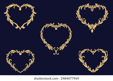 Golden heart frames engraving baroque ornaments collection.