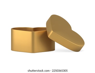 Golden heart gift box with open cap romantic holiday celebration package 3d icon realistic vector illustration. Premium surprise container storage enamored present congratulations decorative design