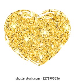 Golden heart with glitter. Gold dust with starkle. Vector illustration flat design. Abstract background. Isolated on white background.