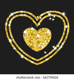 Golden heart. Gold frame and a heart for design of holiday greeting cards. Template for Valentine Day, New Year, Christmas. Flat vector cartoon illustration. Objects isolated on a white background.