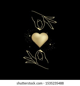 Golden Heart with hand, Shiny Magic golden heart logo, spiritual guidance tarot reader design. decorative illustration tattoo eps 10