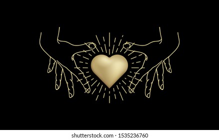 Golden Heart with hand, Shiny Magic golden heart logo, spiritual guidance tarot reader design. decorative illustration tattoo 