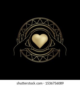 Golden Heart with hand, Shiny Magic golden heart logo, spiritual guidance tarot reader design. decorative illustration tattoo eps 10