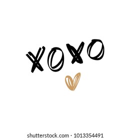 Golden heart, hugs and kisses sign, letters. Decor element, sticker. Vector, clip art. Isolated.