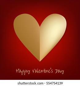 Golden heart icon vector. Love symbol. Valentine's Day sign, emblem isolated on red background with shadow. Flat style graphic for poster, banner, card, postcard and web design.