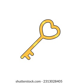 Golden Heart Key Icon for valentines day. Old Medieval love symbol isolated on white background