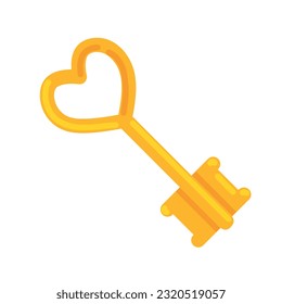 Golden Heart Key Icon for valentines day. Old Medieval love symbol isolated on white background