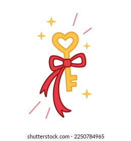 Golden heart key and ribbon  Key for heart concept  Vector illustration love key  Valentines day icon in doodle style  Hand drawn style 