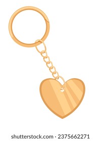 Golden heart keychain with ring and chain vector illustration isolated on white background