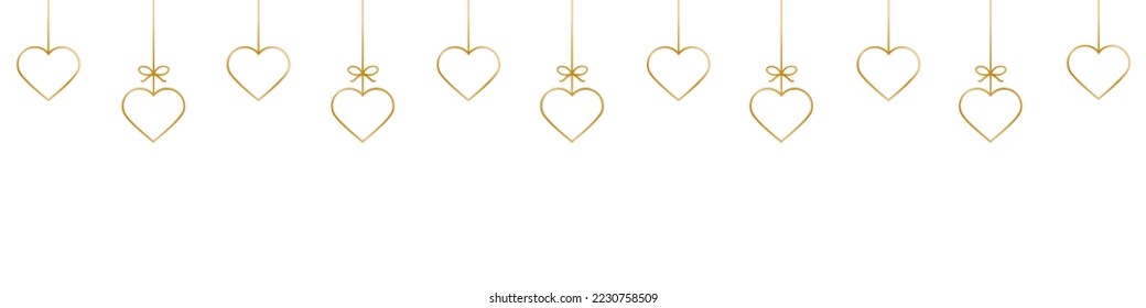 Golden heart line icons.Hanging hearts garland.Set of simple hearts.Valentine's Day seamless pattern.Golden hearts garland isolated on a white background. Valentine's day decoration.