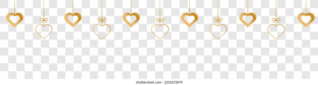 Golden heart line icons.Hanging hearts garland.Set of simple hearts.Valentine's Day seamless pattern.Golden hearts garland isolated on a transparent background. Valentine's day decoration.