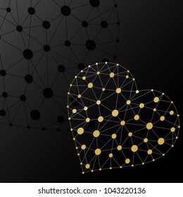 Golden heart of lines and dots on a black background. Vector illustration.