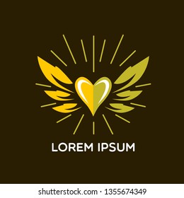 golden heart logo icon, sign or symbol with wings