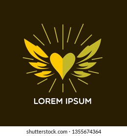 golden heart logo icon, sign or symbol with wings