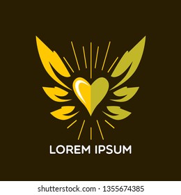 golden heart logo icon, sign or symbol with wings