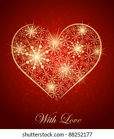 Golden heart made with snow. vector illustration