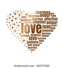 Golden heart made up of words and stars. Vector design elements for Valentine's Day.