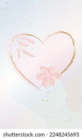 Corazón dorado sobre la ilustración abstracta del vector de fondo, postal. Acuarela. Día de San Valentín.