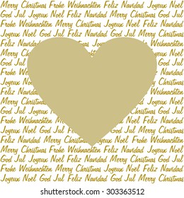 A golden heart on Christmas wishes in gold in five different languages on white in a square format