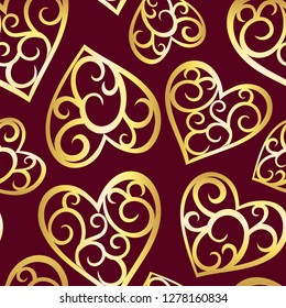Golden heart on crimson seamless pattern. Valentine background. Vector illustration