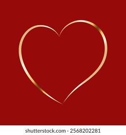 Golden heart on red background. Valentine's Day gold heart frame. Heart shape design element for greeting card.