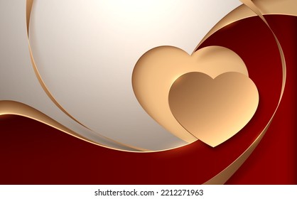 Golden heart on red and white background with ribbons