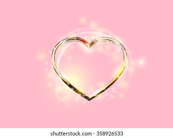 Golden heart on tender pink background. Valentines day love background with spark and sparkling effect