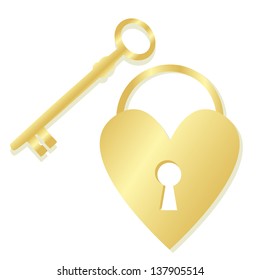 Golden heart padlock and key vector background concept