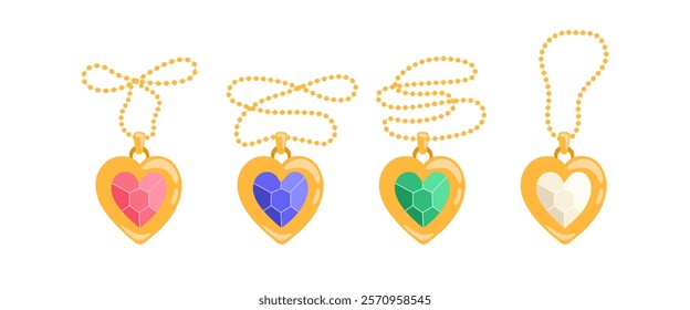 Golden heart pendant with colorful gems. Set of cartoon heart lockets isolated on the white background. Vector illustration