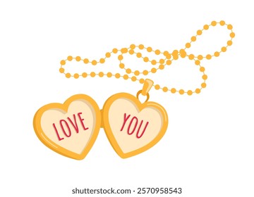 Golden heart pendant with love you words. Vector illustration of romantic heart locket isolated on the white background.