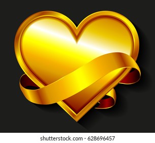 Golden heart with ribbon.