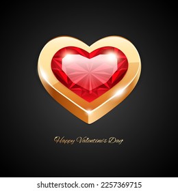 Golden Heart with Ruby Icon on Dark Background for Romantic Projects. Clipart for Valentines Day and wedding design.