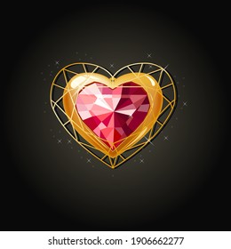 Corazón dorado con rubí sobre fondo negro