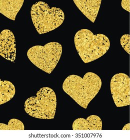 Golden Heart seamless pattern. Black background. Design for Christmas, wedding, birthday, save the date, Valentine's day. Vector illustration.