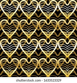 Golden heart seamless pattern. Gold pattern on black. Abstract geometric retro background in the style of the 20s.
