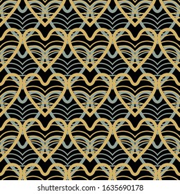 Golden heart seamless pattern. Gold pattern on black. Abstract geometric retro background in the style of the 20s.