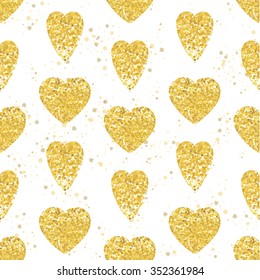 Golden Heart seamless pattern. White background. Design for Christmas, wedding, birthday, save the date, Valentine's day. Vector illustration.