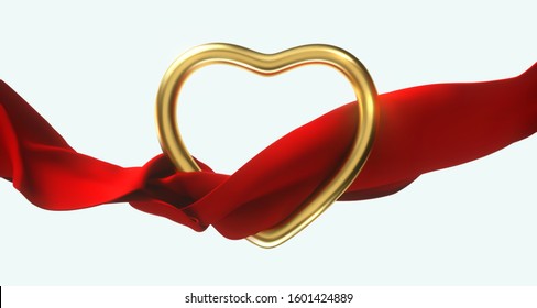 Golden heart shape with flowing red cloth isolated on white transparent background. Vector 3d illustration. Romantic frame and silk fabric. Realistic decoration. Valentines day or wedding card design