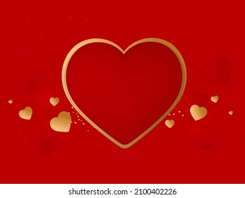 Golden Heart Shape Frame With Copy Space On Red Background.