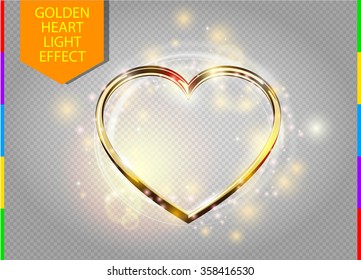 Golden heart shape frame with spark and sparkling shiny line. Valentines day love light effect on transparent background