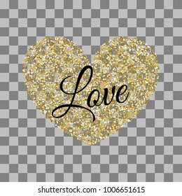 Golden heart shape. Vector illustration Valentines Day background. Love random falling paper confetti. Shimmer gold hearts. Frame decoration design Valentine holiday. Origami decoration. Greeting text