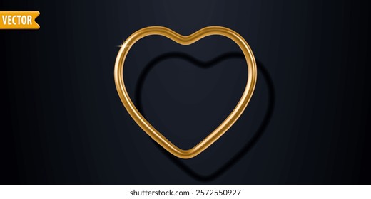 Golden heart shaped outline with highlights and shadows, isolated on dark background. Elegant and minimalist design for romantic, Valentines Day, wedding or luxury greeting card design. Vector