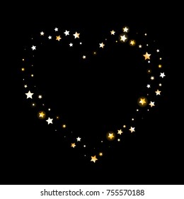 Golden Heart of Shimmering Stars on Black Background with Free Space. Greeting Card, Invitation, Wedding Template with Glittering Gold Stars Confetti. Night Sky Vector Design Texture.
