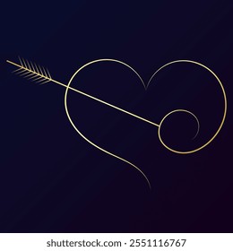 Golden heart silhouette and arrow, design for love